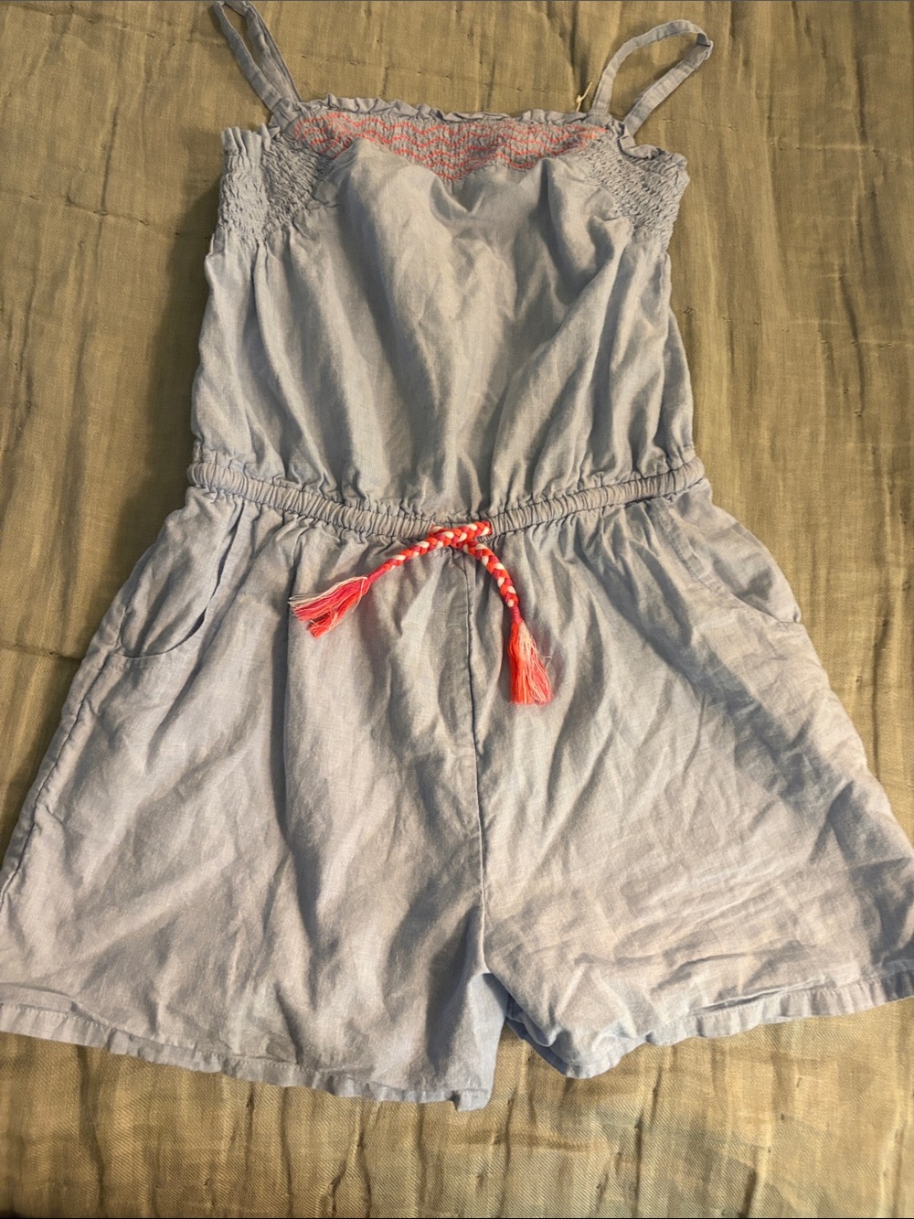 Boden 9-10 Girls' Light Blue Romper with Coral Tie and smocked neck